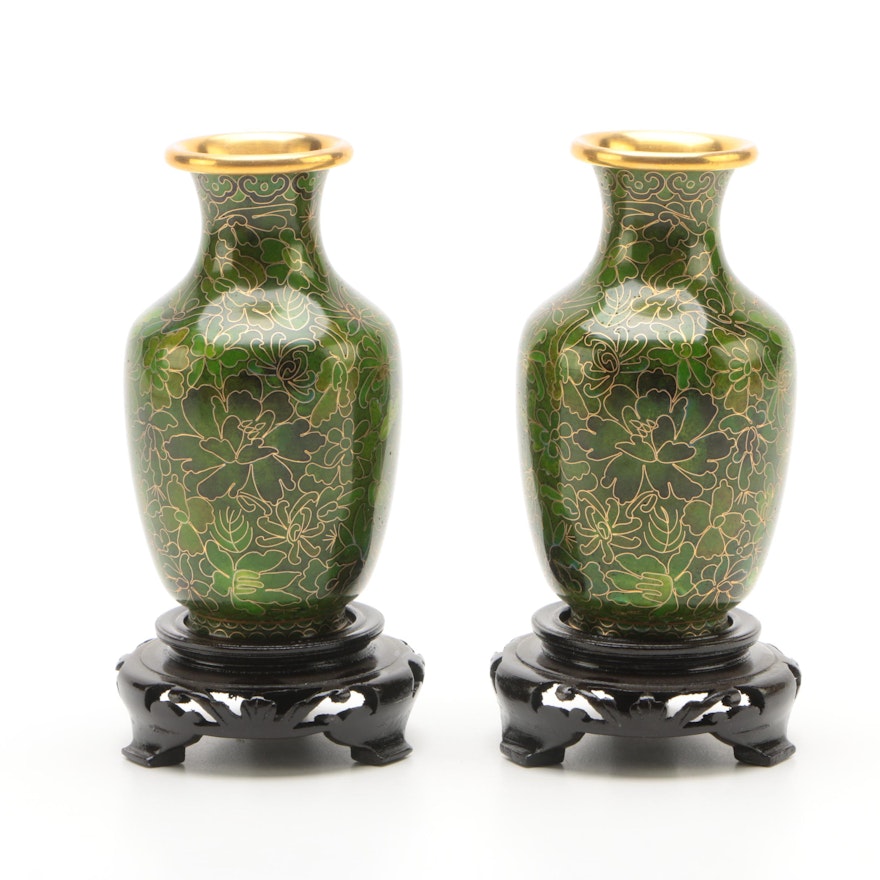 Chinese Cloisonne Vases and Carved Wood Stands