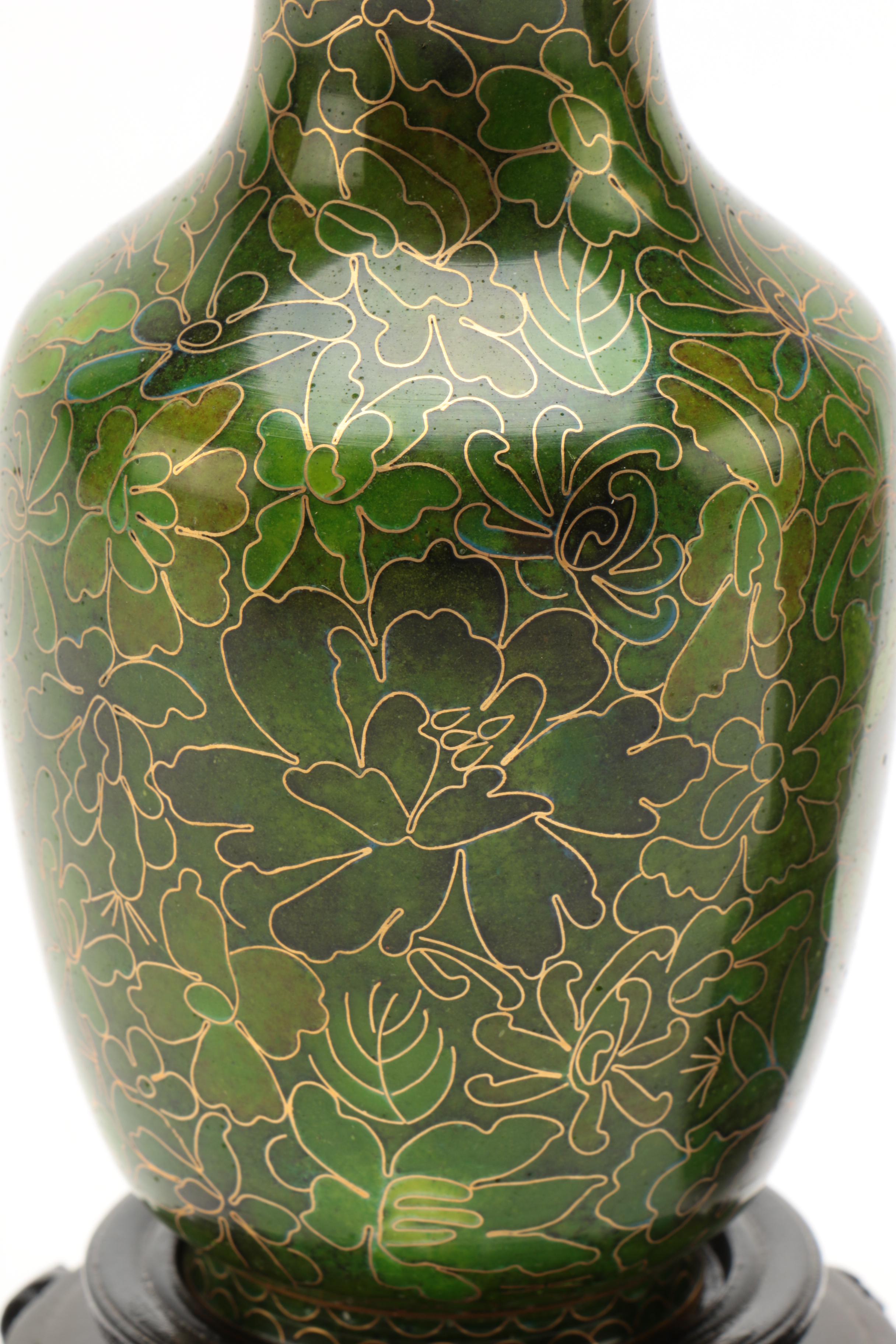 Chinese Cloisonne Vases and Carved Wood Stands