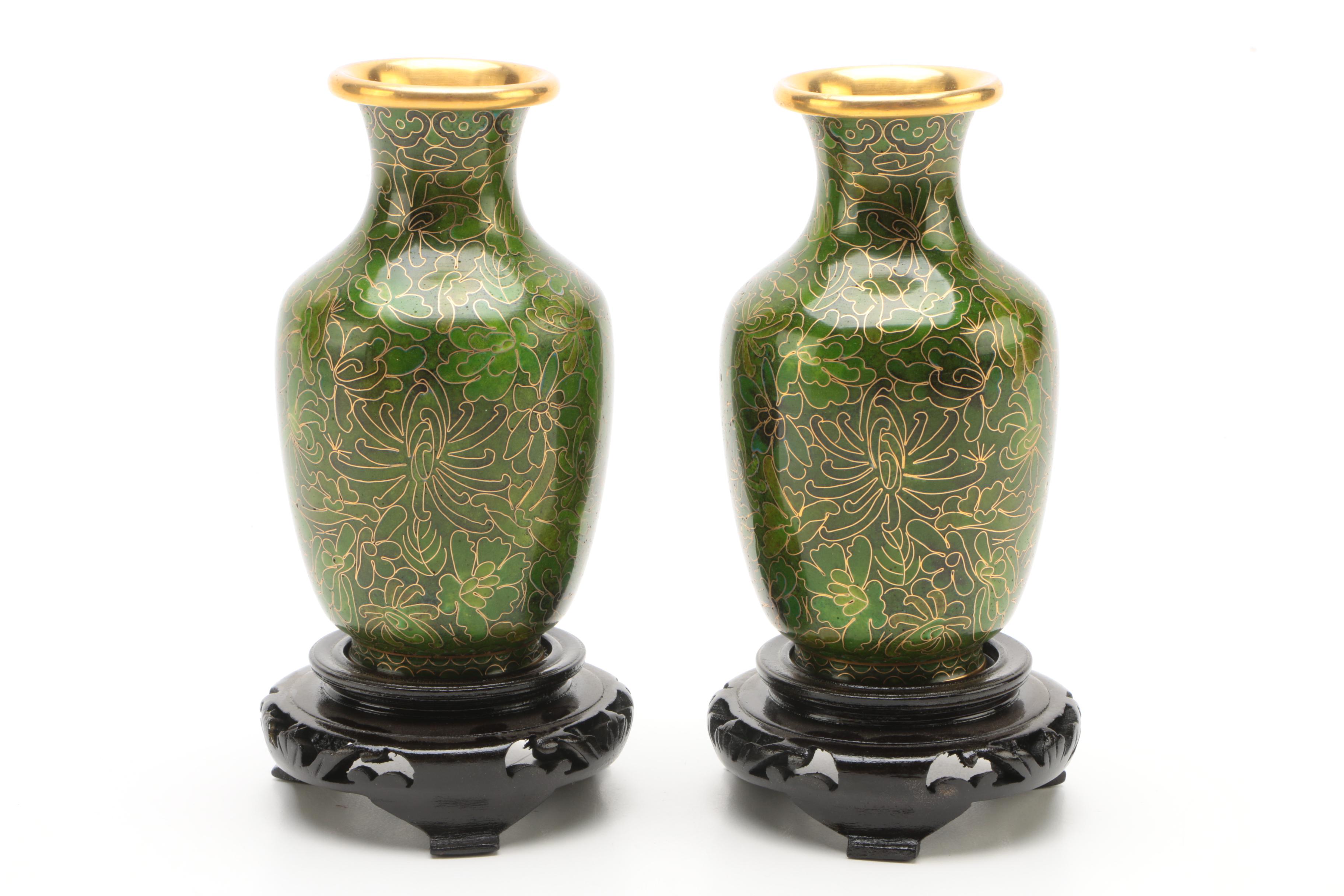Chinese Cloisonne Vases and Carved Wood Stands