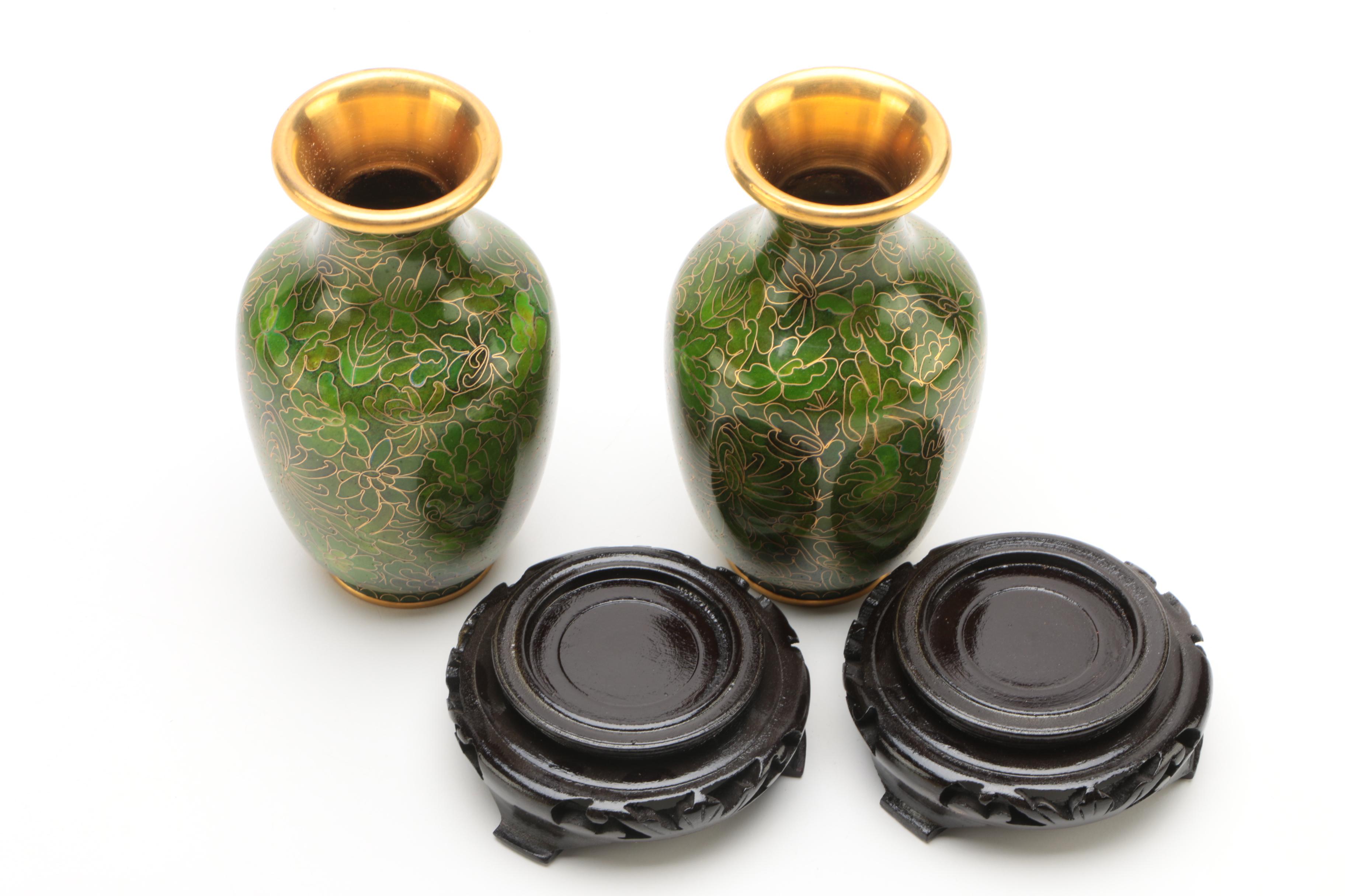 Chinese Cloisonne Vases and Carved Wood Stands
