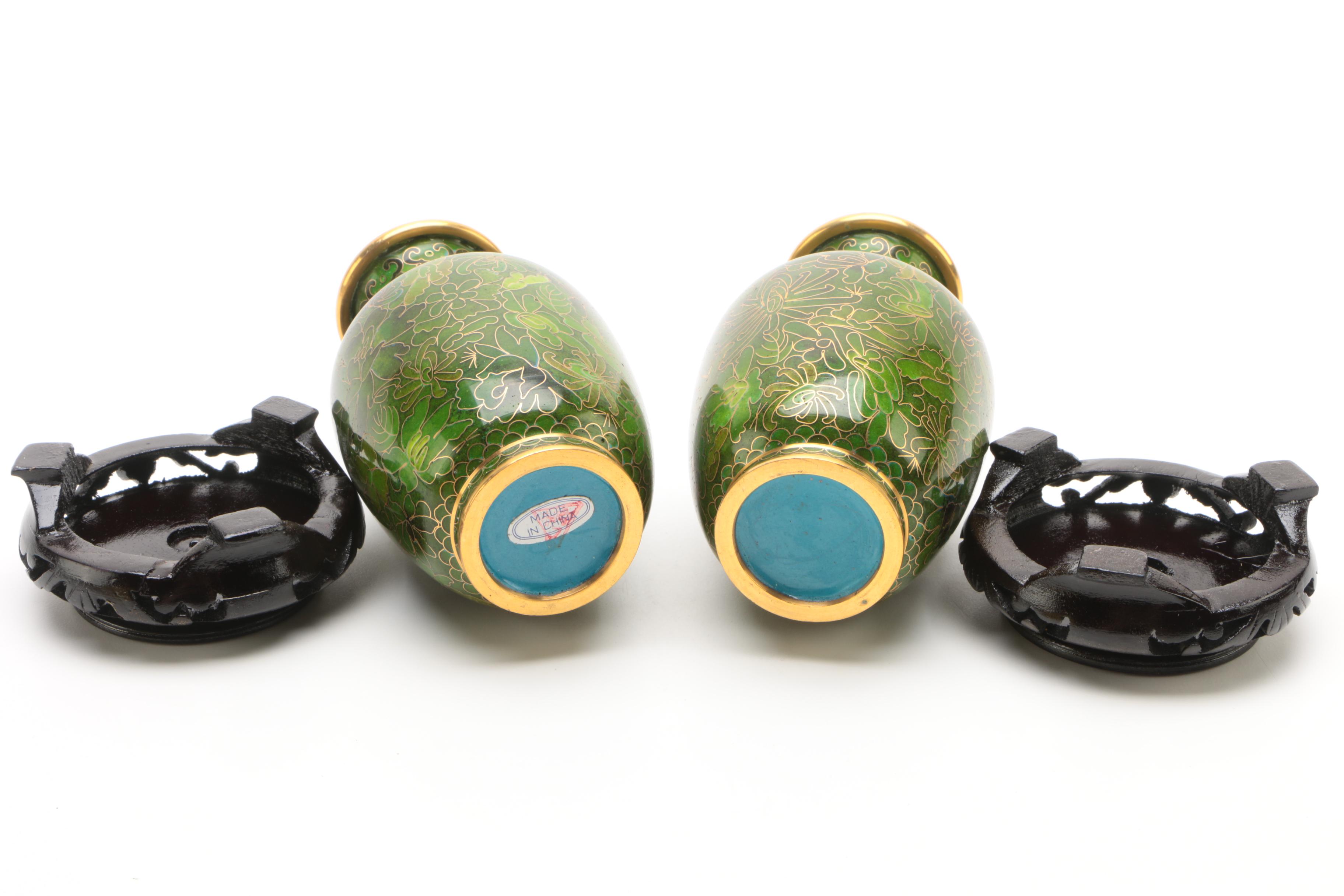 Chinese Cloisonne Vases and Carved Wood Stands