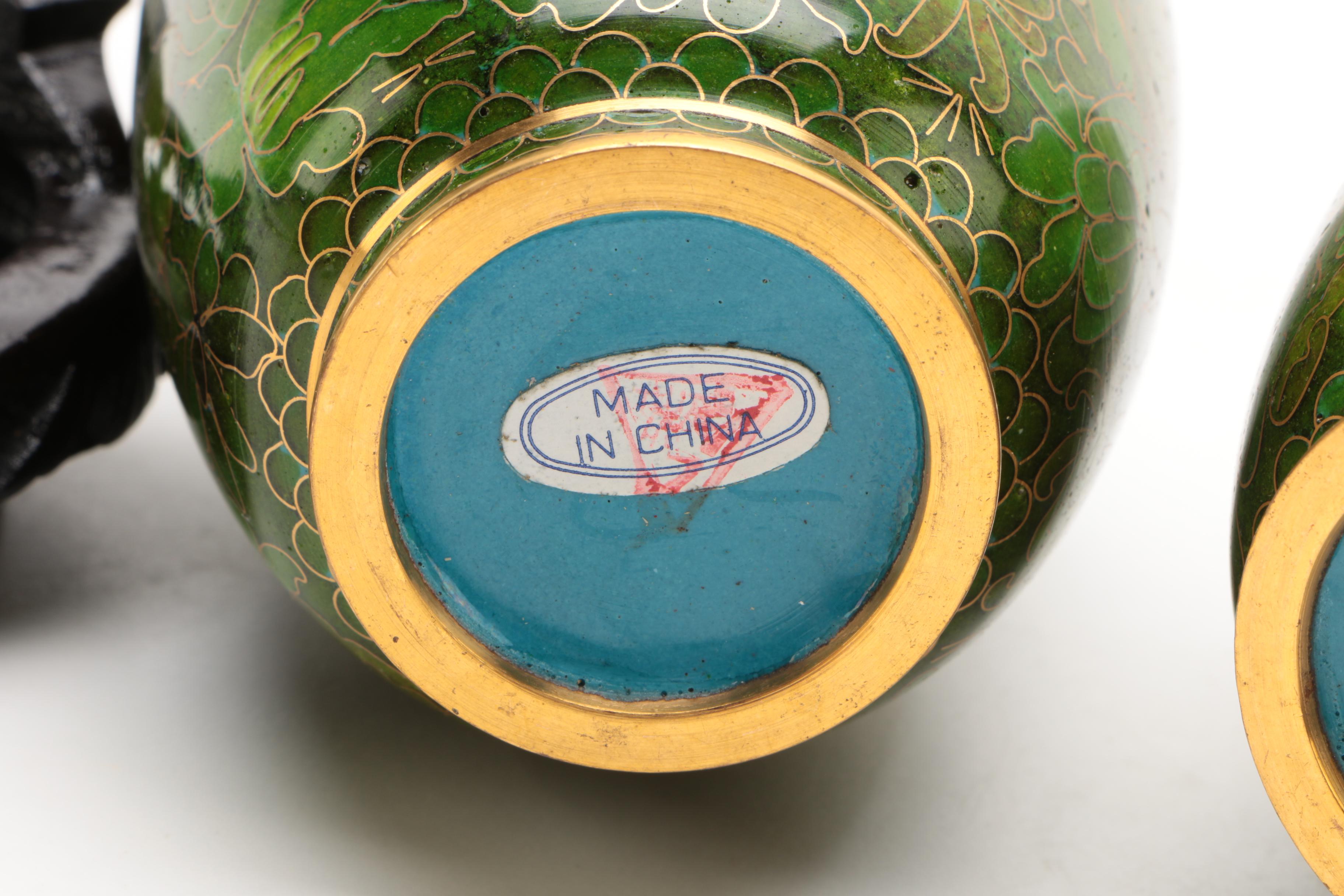 Chinese Cloisonne Vases and Carved Wood Stands