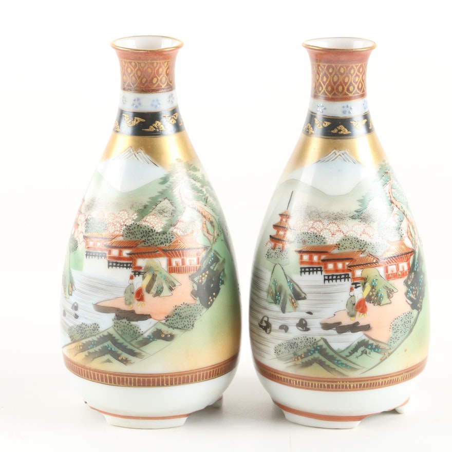 Japanese Hand-Painted Kutani Porcelain Bud Vases with Moriage Accents