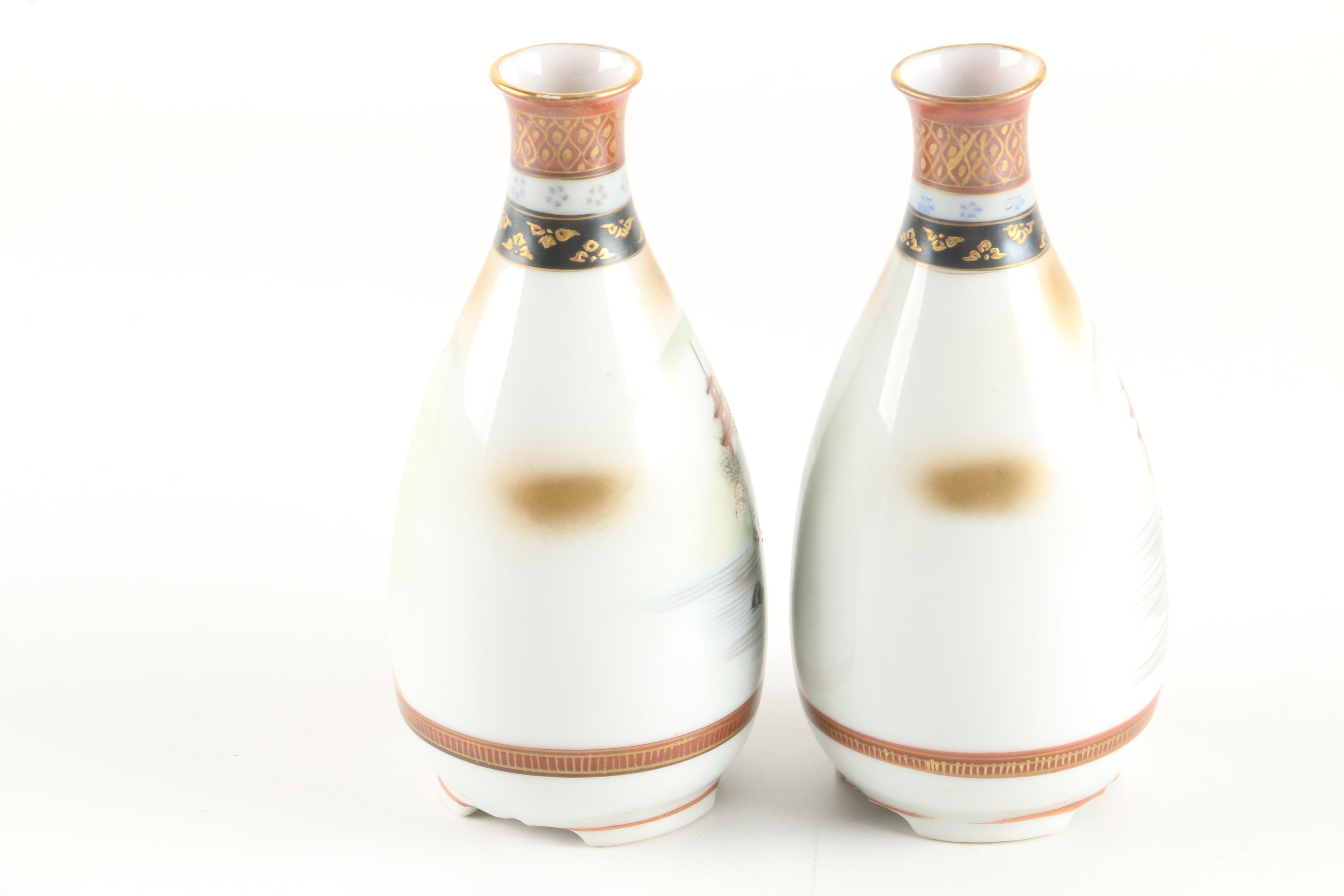 Japanese Hand-Painted Kutani Porcelain Bud Vases with Moriage Accents