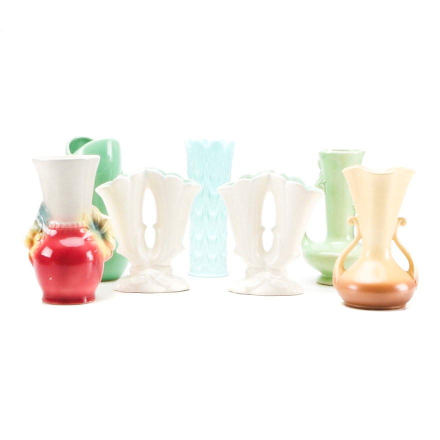 Mid-Century Art Pottery and Glass Vases featuring Rumrill and Royal Copely