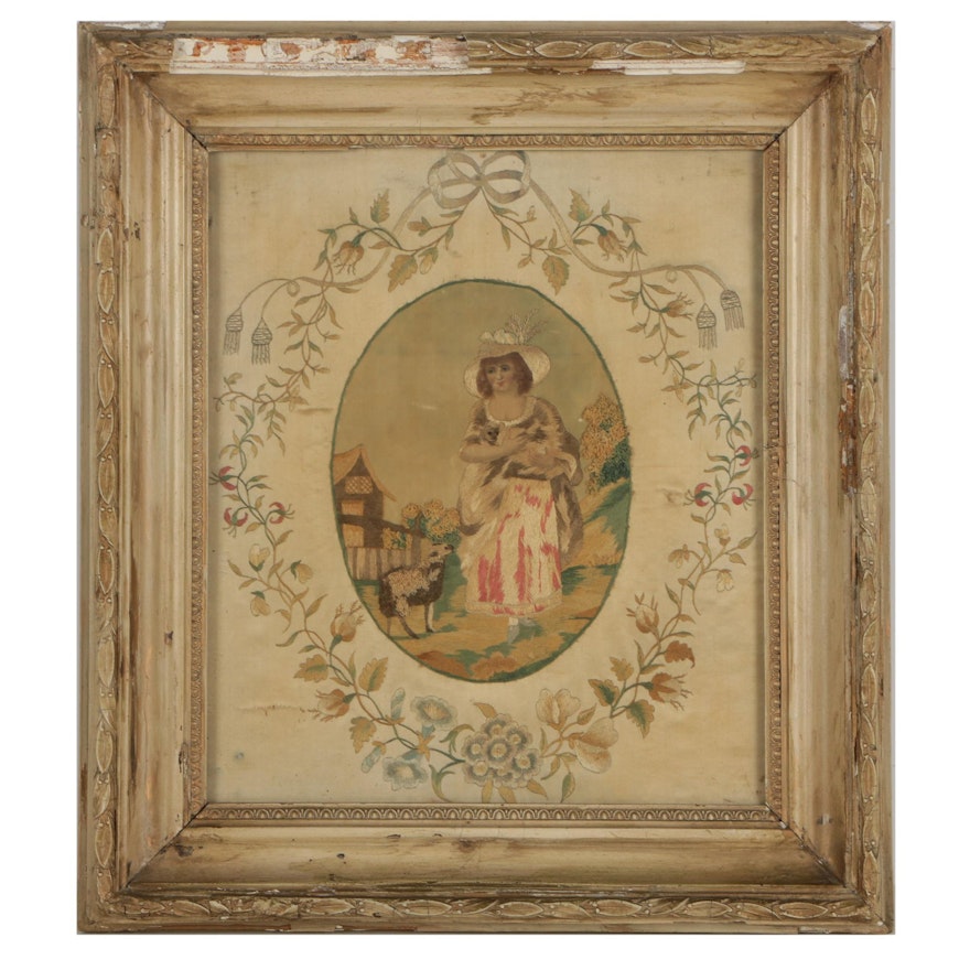 Antique Framed Embroidery and Watercolor on Silk Pictorial Tapestry