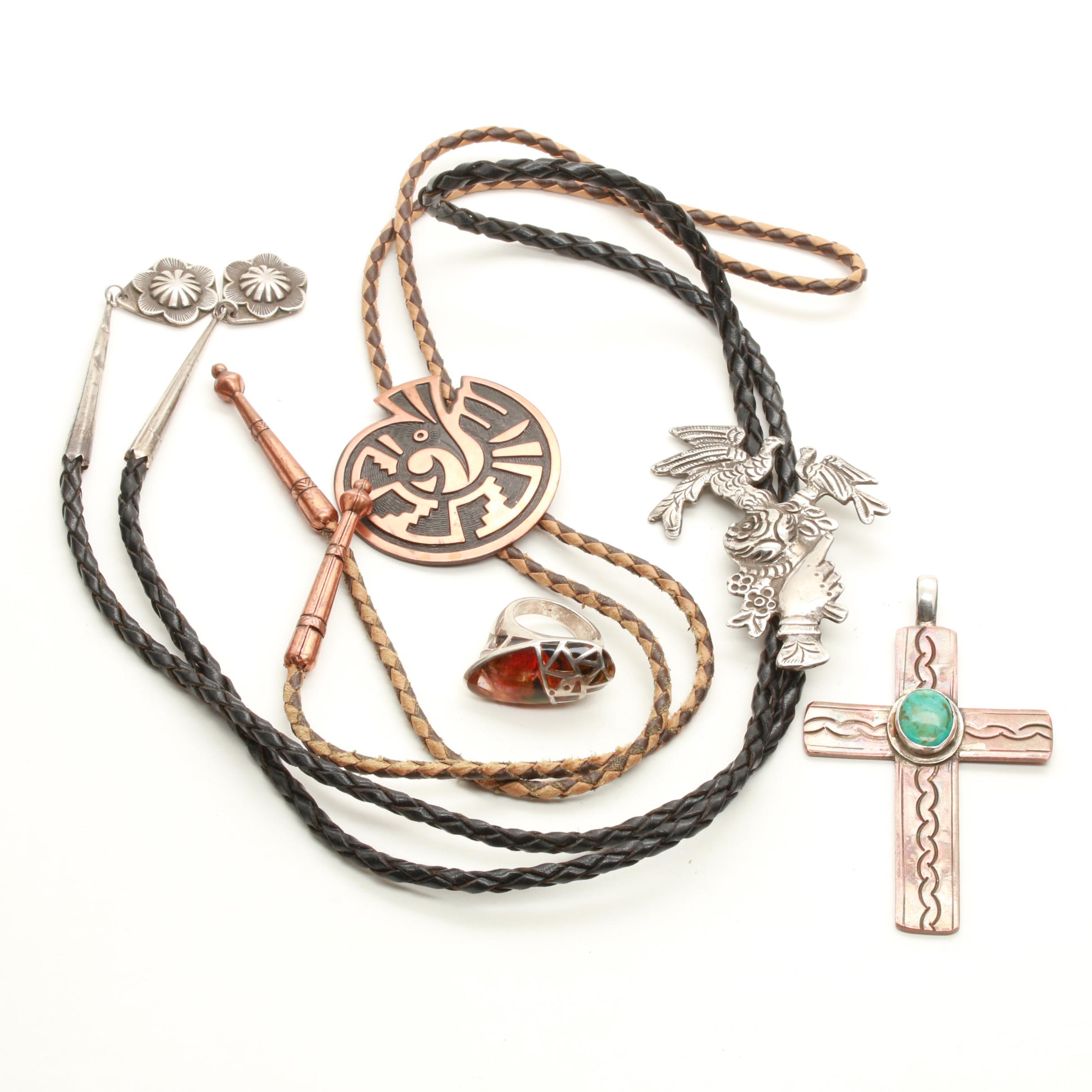 Jewelry Selection Including Sterling Silver and Copper Bolo Ties