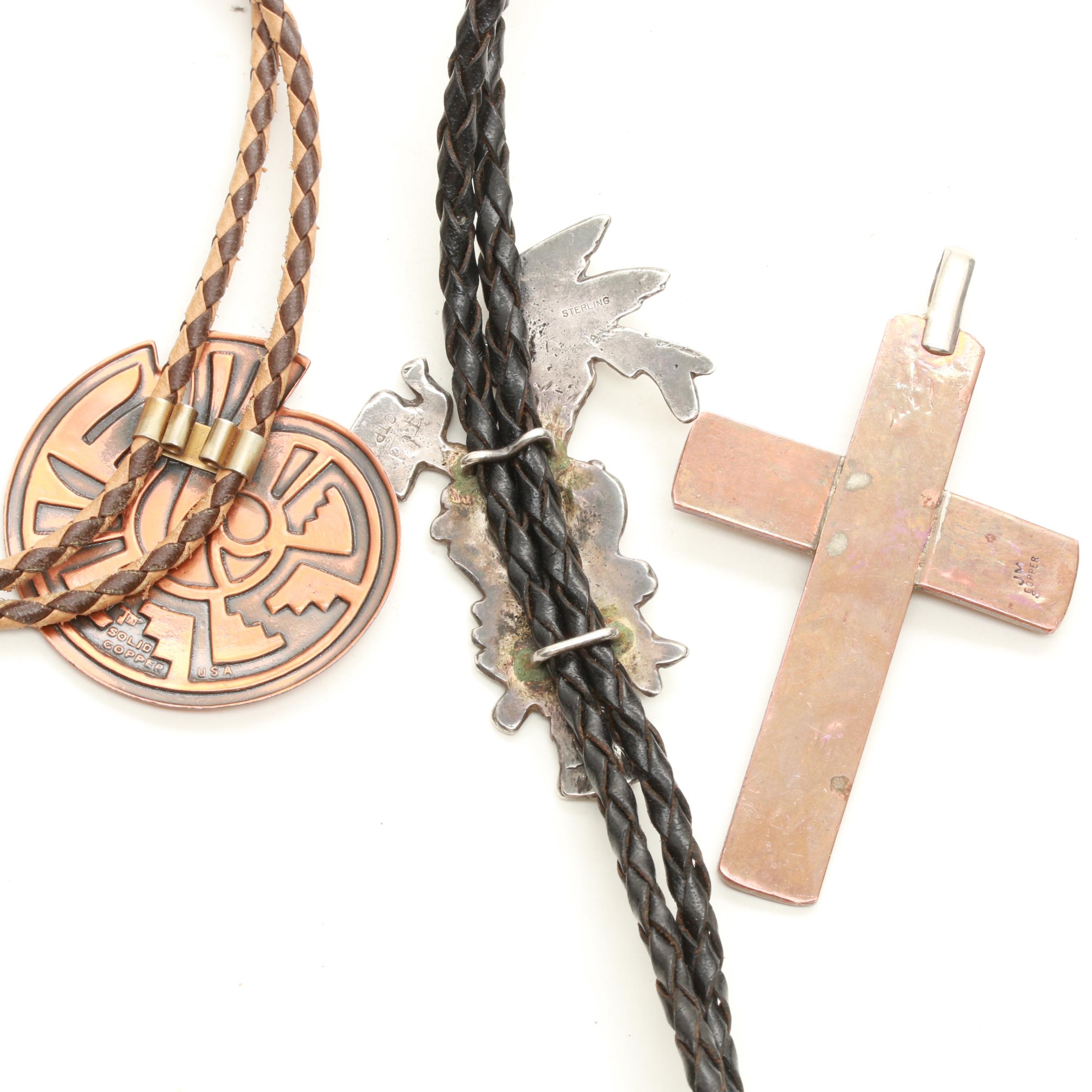 Jewelry Selection Including Sterling Silver and Copper Bolo Ties