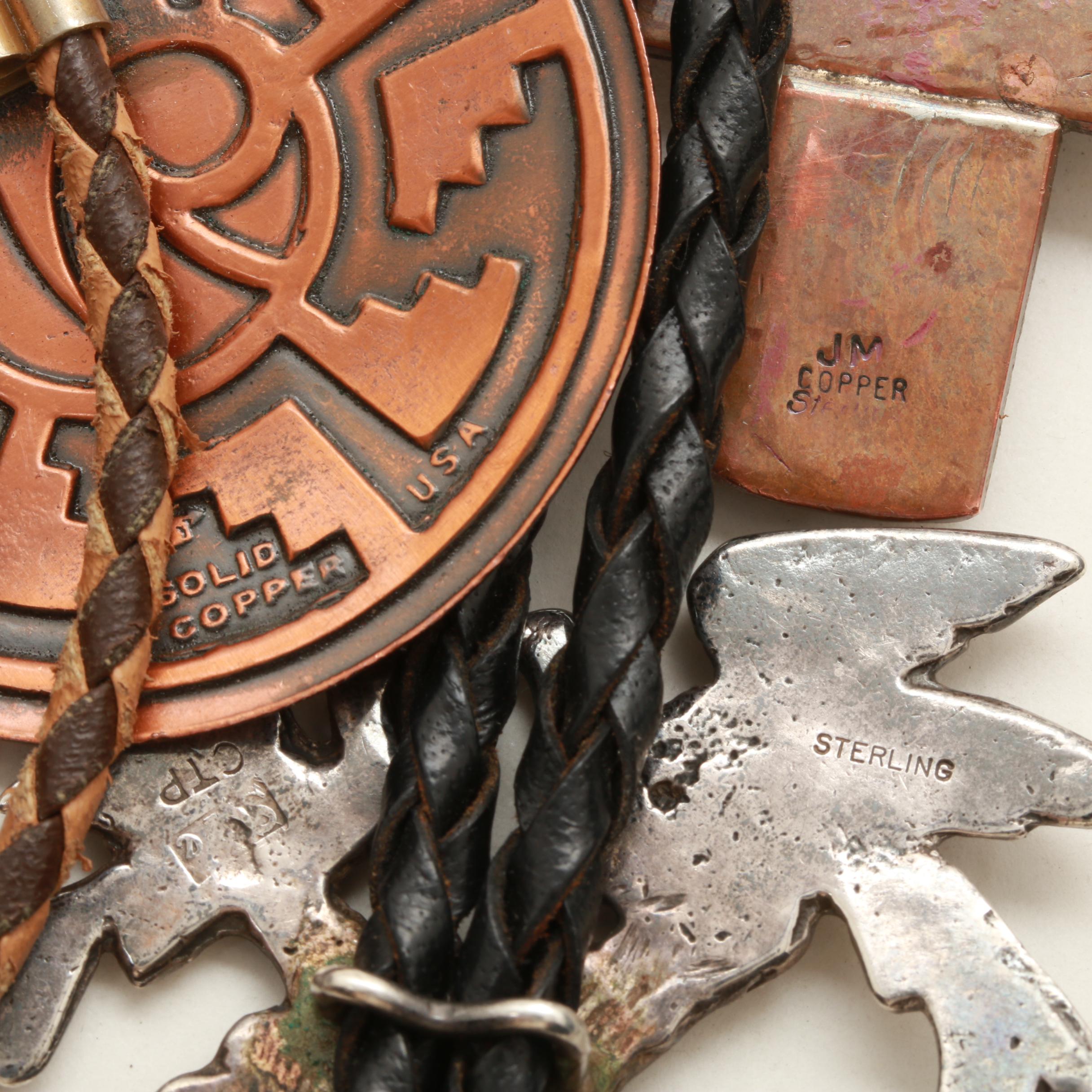 Jewelry Selection Including Sterling Silver and Copper Bolo Ties