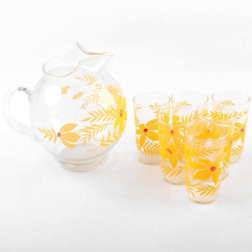 Vintage Yellow Hibiscus Glass Pitcher and Tumblers
