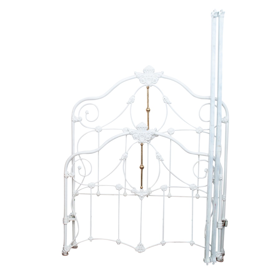Antique Victorian White Wrought Iron and Brass Queen Size Bed Frame