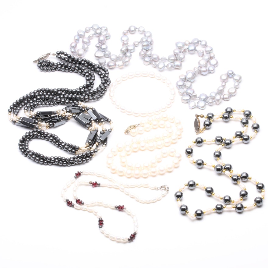 Cultured Pearl, Garnet, and Hematite Necklace Selection