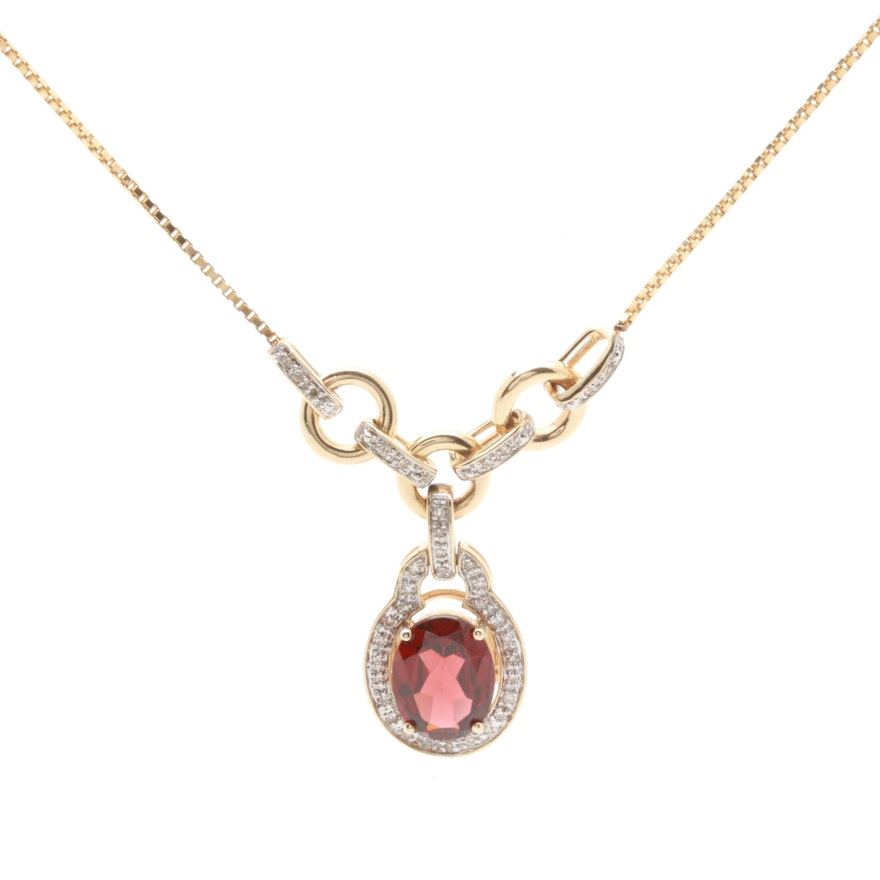 14K and 18K Yellow Gold Garnet and Diamond Pendant Necklace