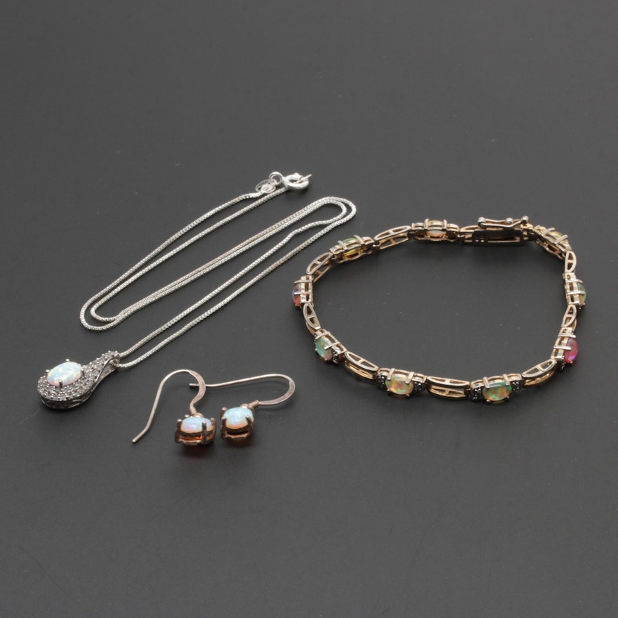 Sterling Silver White Topaz, Diamond, and Opal Jewelry Assortment
