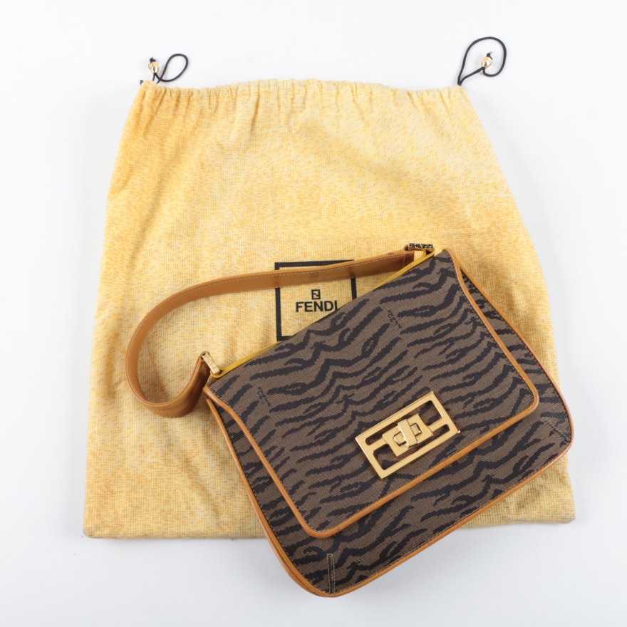 Fendi Tobacco Tiger Patterned Canvas Handbag