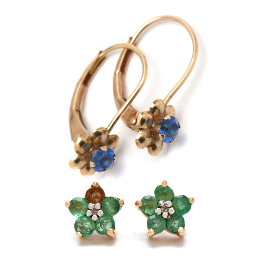 10K Yellow Gold Emerald Earrings and 10K Gold Pierced Blue Glass Earrings