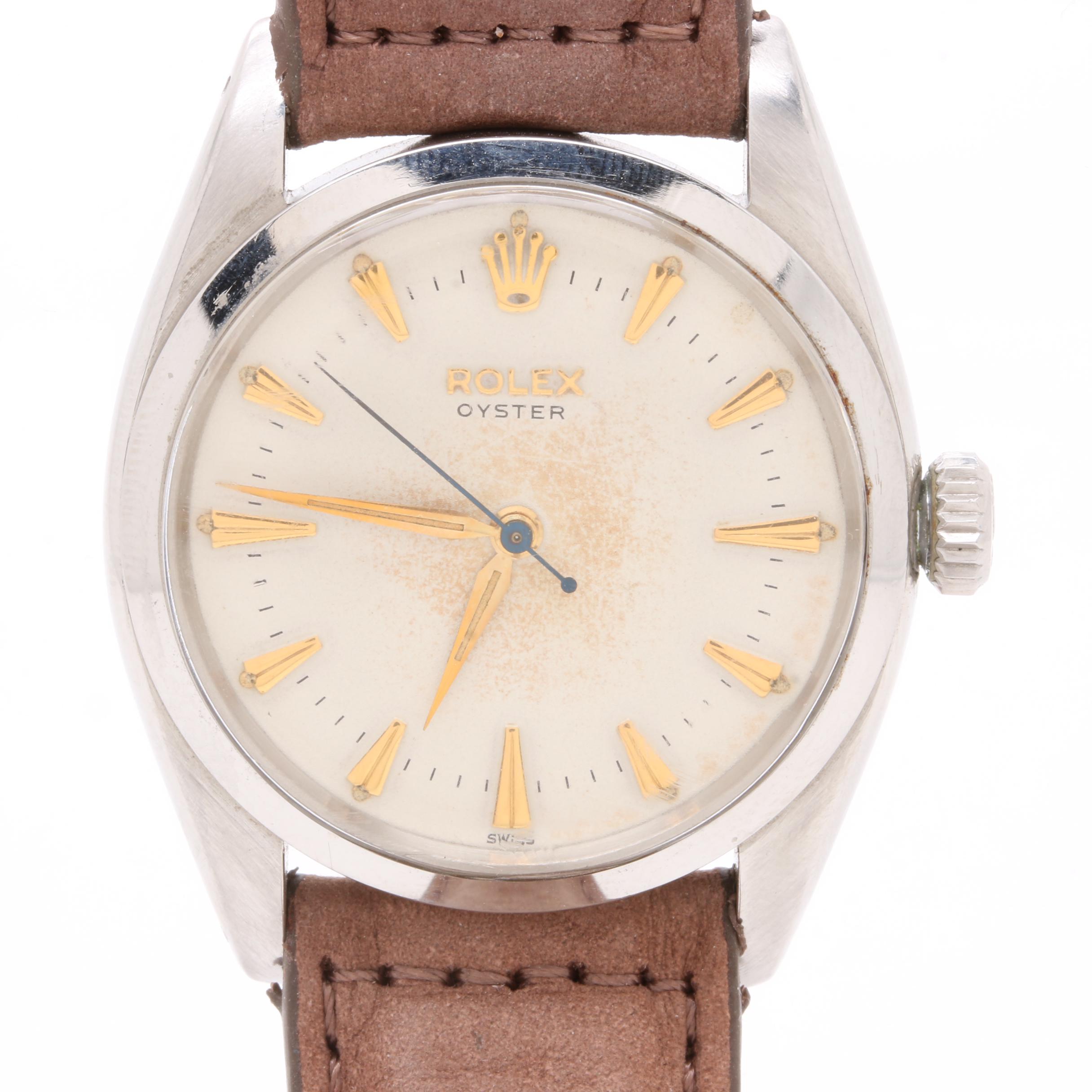 Vintage Rolex Oyster Stainless Steel and Leather Stem Wind Watch