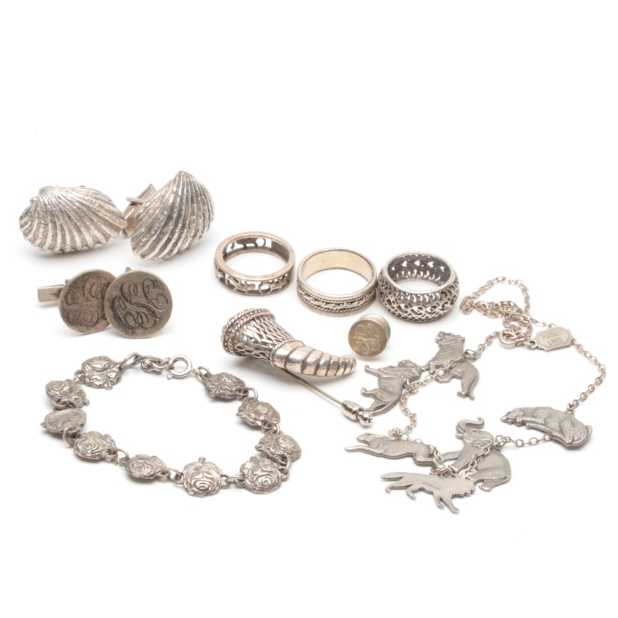 Sterling Silver Jewelry Assortment Including Lion and Seashell Motifs