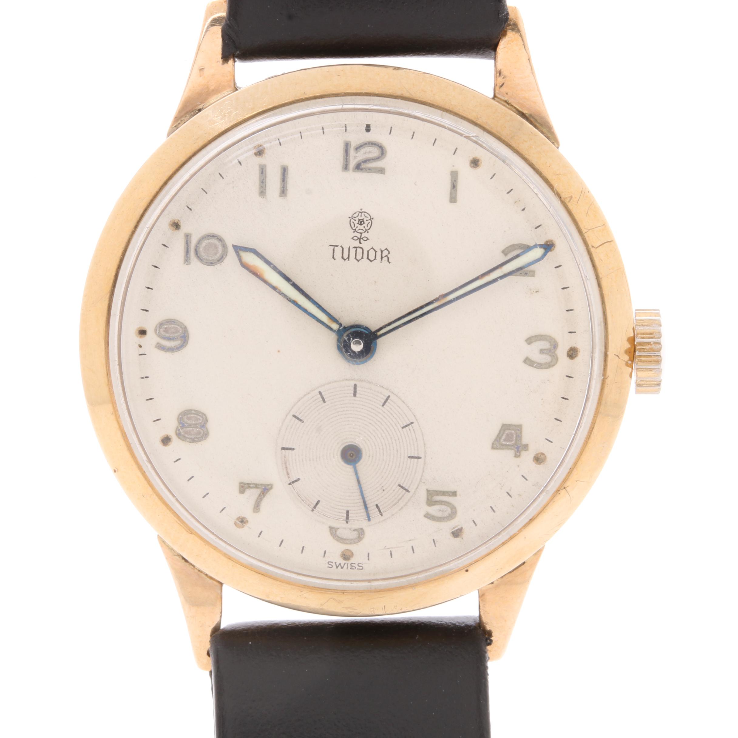 Tudor 9K Yellow Gold Black Leather Watch