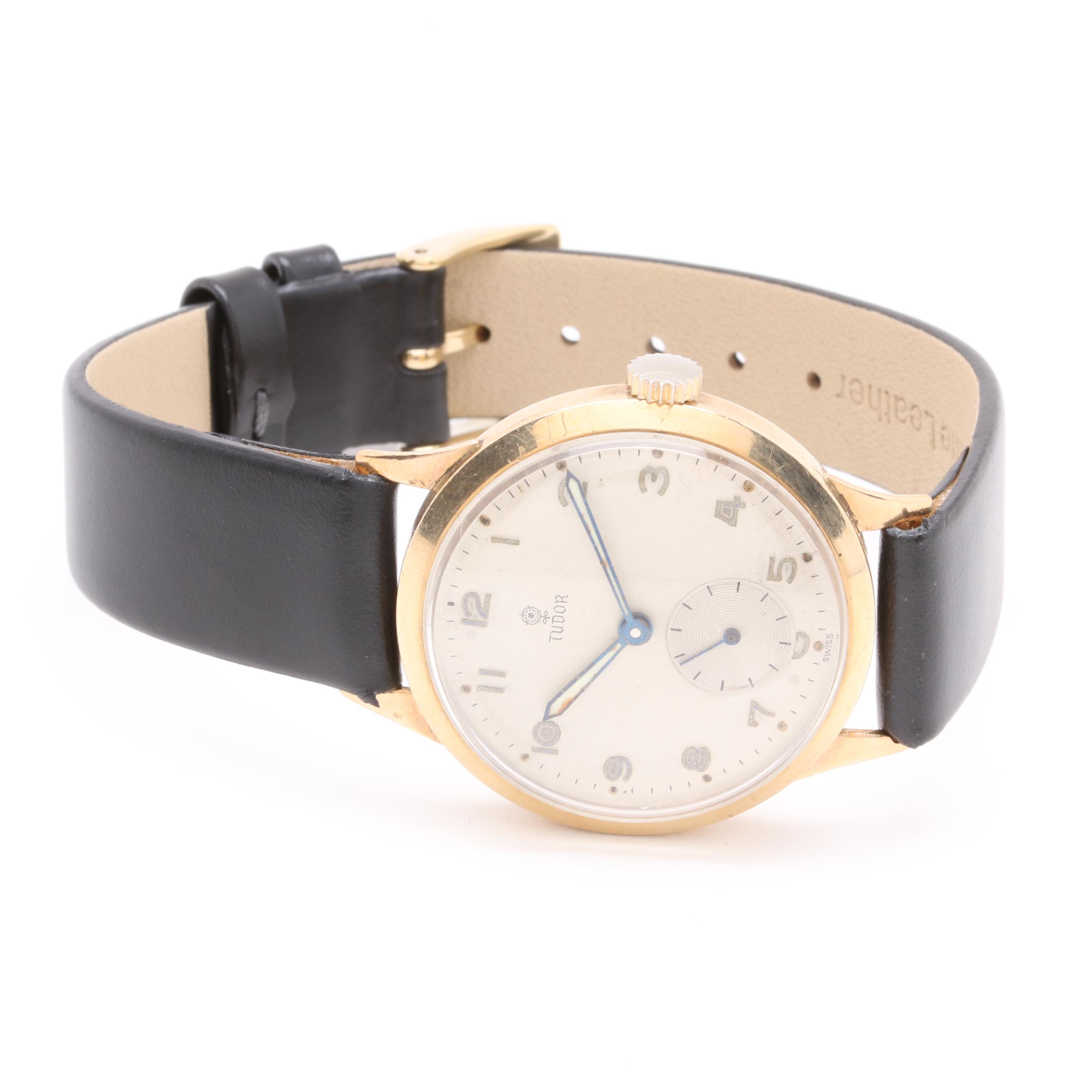 Tudor 9K Yellow Gold Black Leather Watch