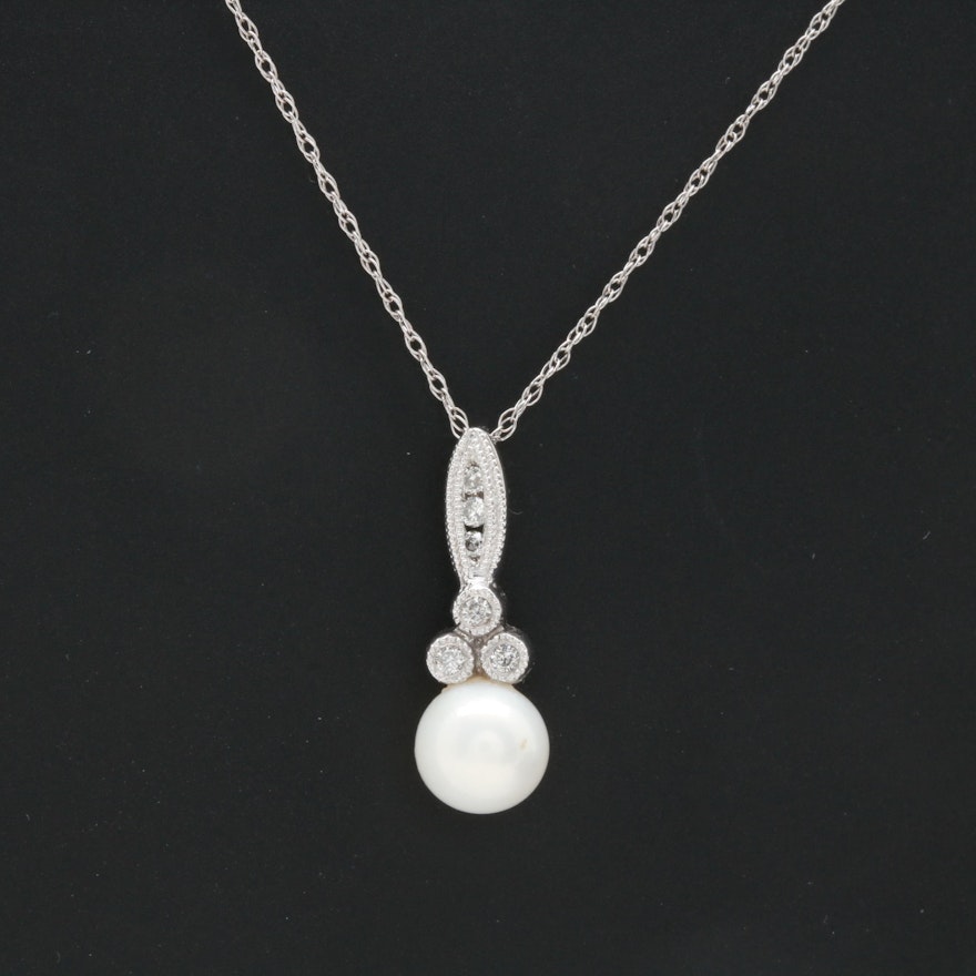 10K White Gold Cultured Pearl and Diamond Necklace