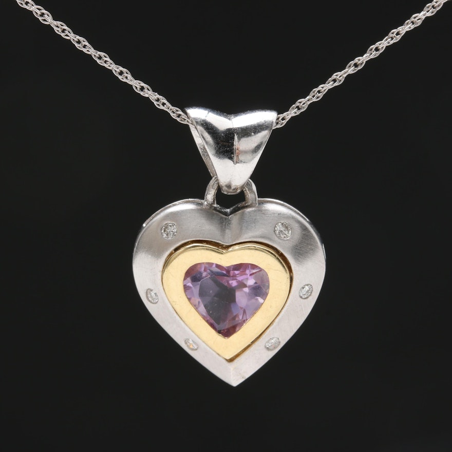 14K White Gold Amethyst and Diamond Heart Pendant Necklace