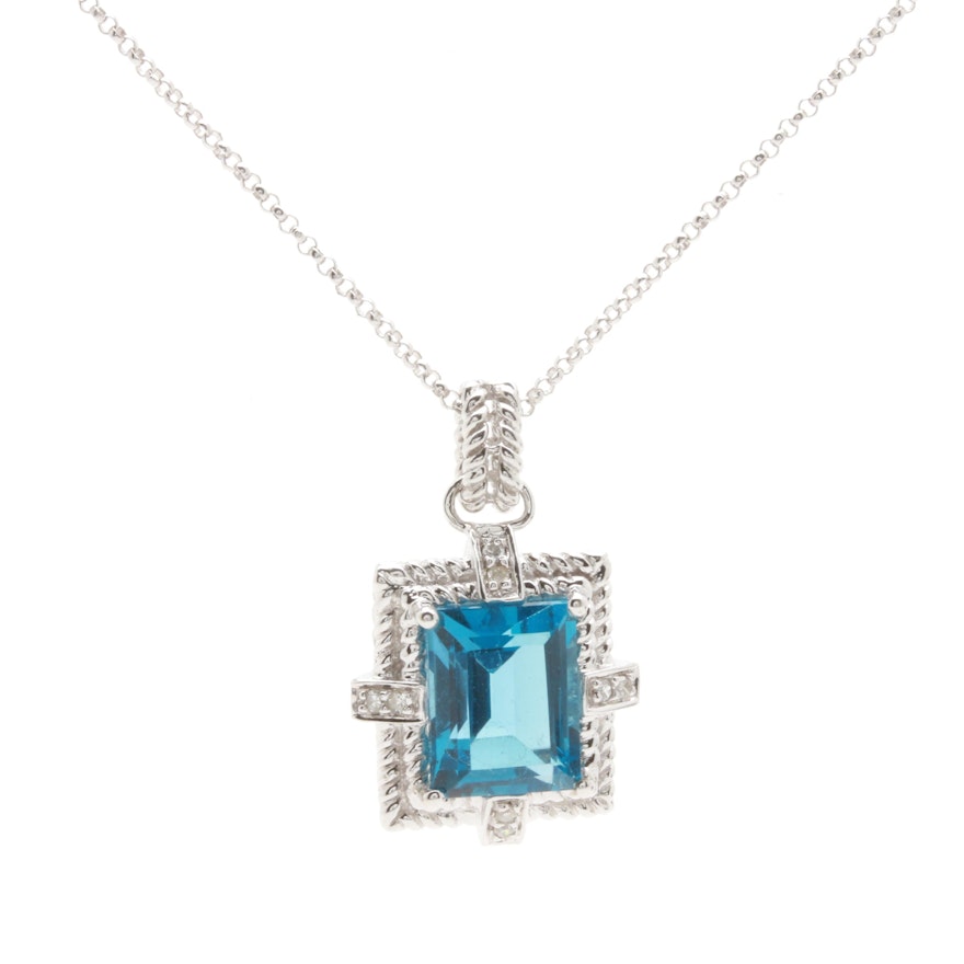 14K White Gold Blue Topaz and Diamond Pendant Necklace