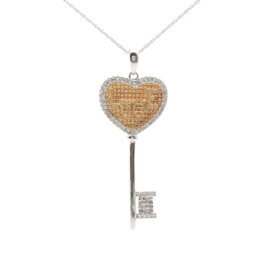 14K White and Yellow Gold Diamond Heart Key Pendant Necklace