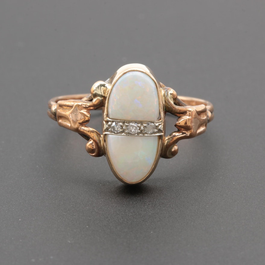 14K Yellow Gold and Gold Tone Opal and Diamond Ring