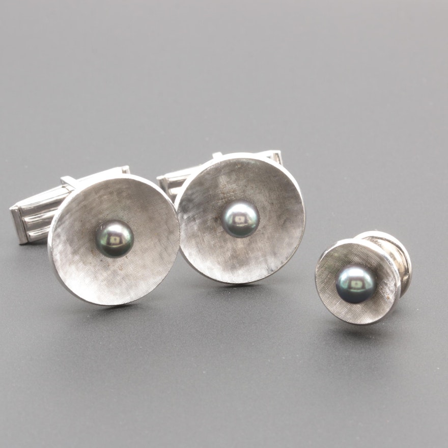 Circa 1950s - 1960s 14K White Gold Cultured Pearl Cuff Links and Tie Tack