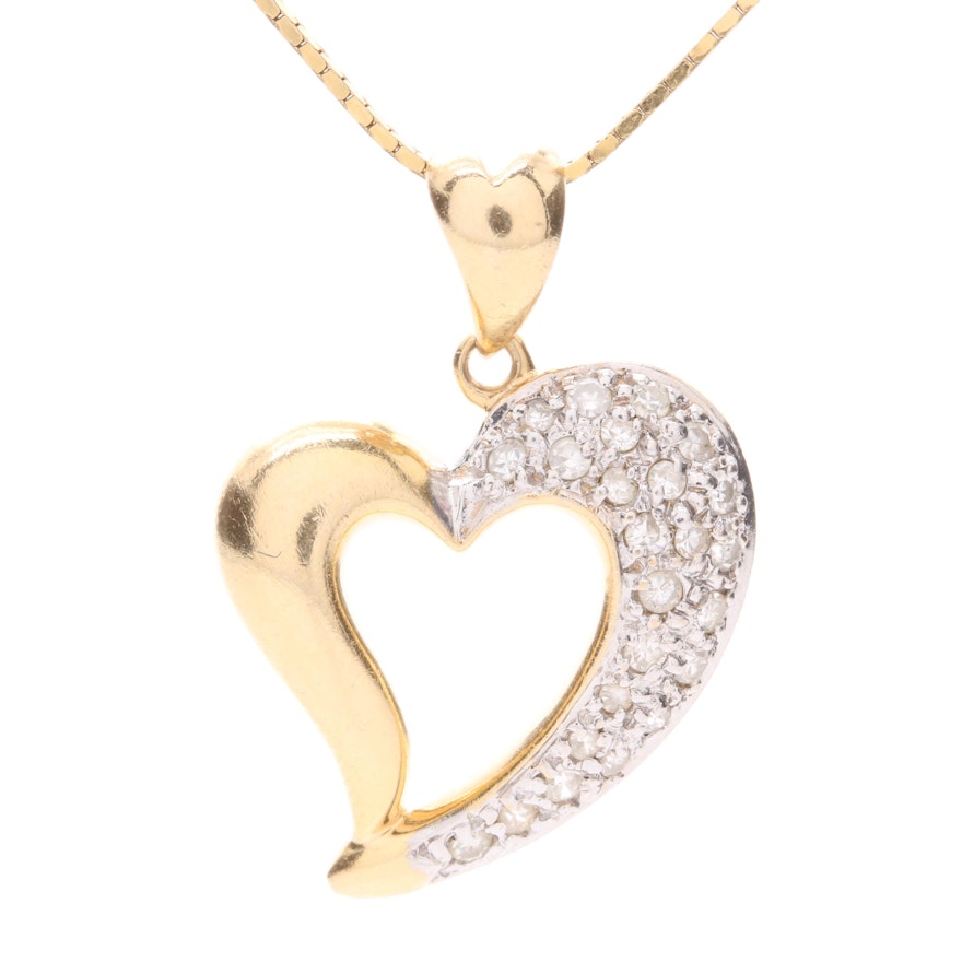 14K Yellow Gold Diamond Openwork Heart Pendant Necklace