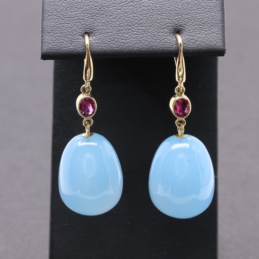 18K Yellow Gold Chalcedony and Ruby Drop Earrings