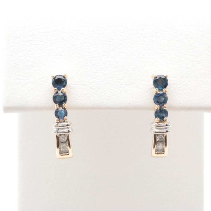 10K Yellow Gold Blue Sapphire and Diamond Earrings with White Gold Accents