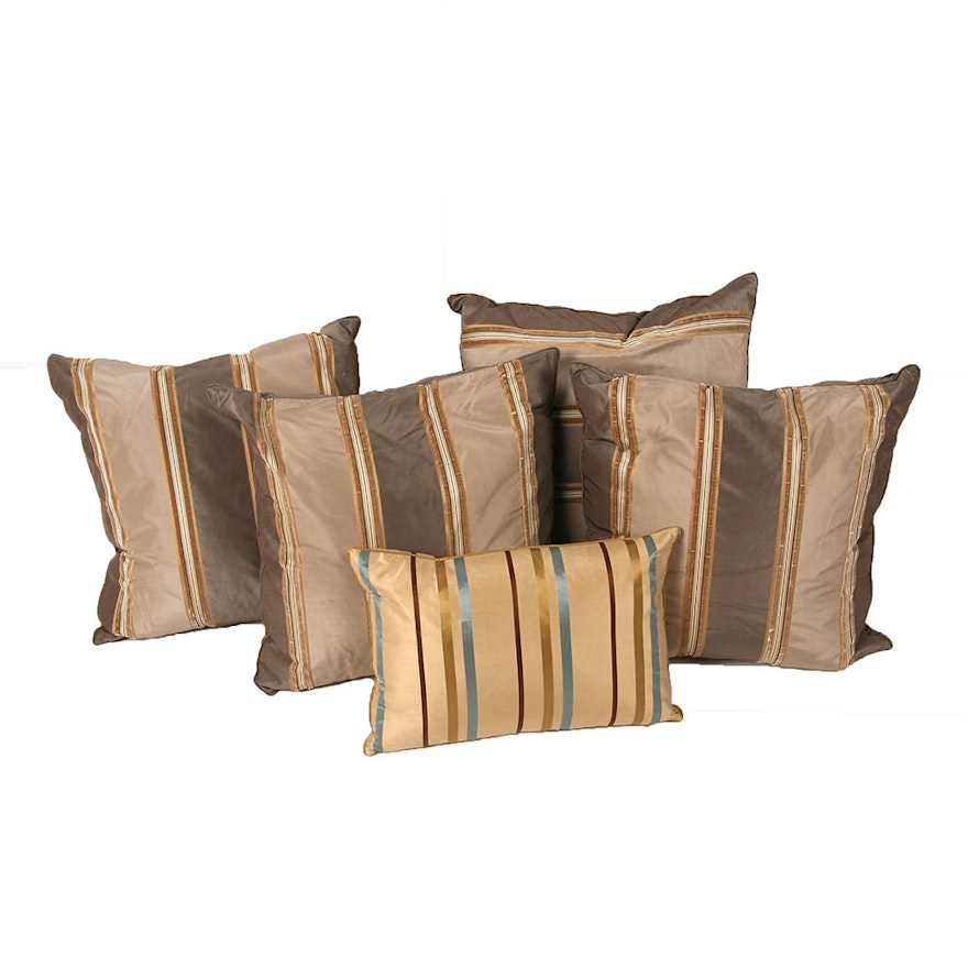 Brown and Gold Satin Stripe Throw Pillows with Feather Forms