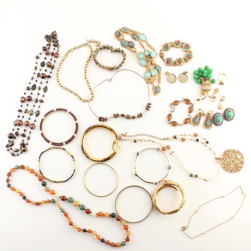 Gold-Tone Jewelry Assortment Including Agate, Jasper, Garnet, and Glass