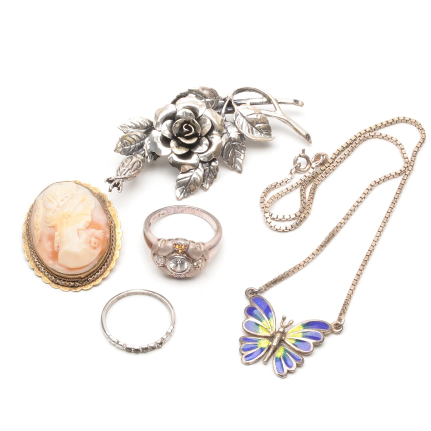 Sterling and 800 Silver Jewelry Assortment with Enamel, Citrine, and Amethyst