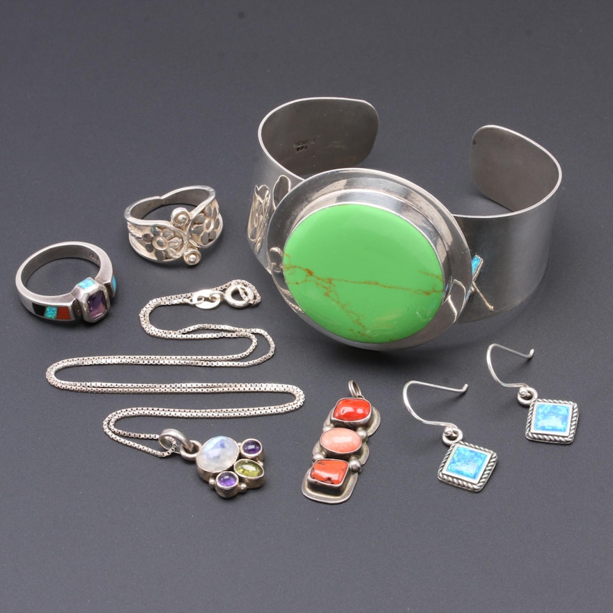 Sterling Silver Jewelry Collection Including Synthetic Opal and Moonstone