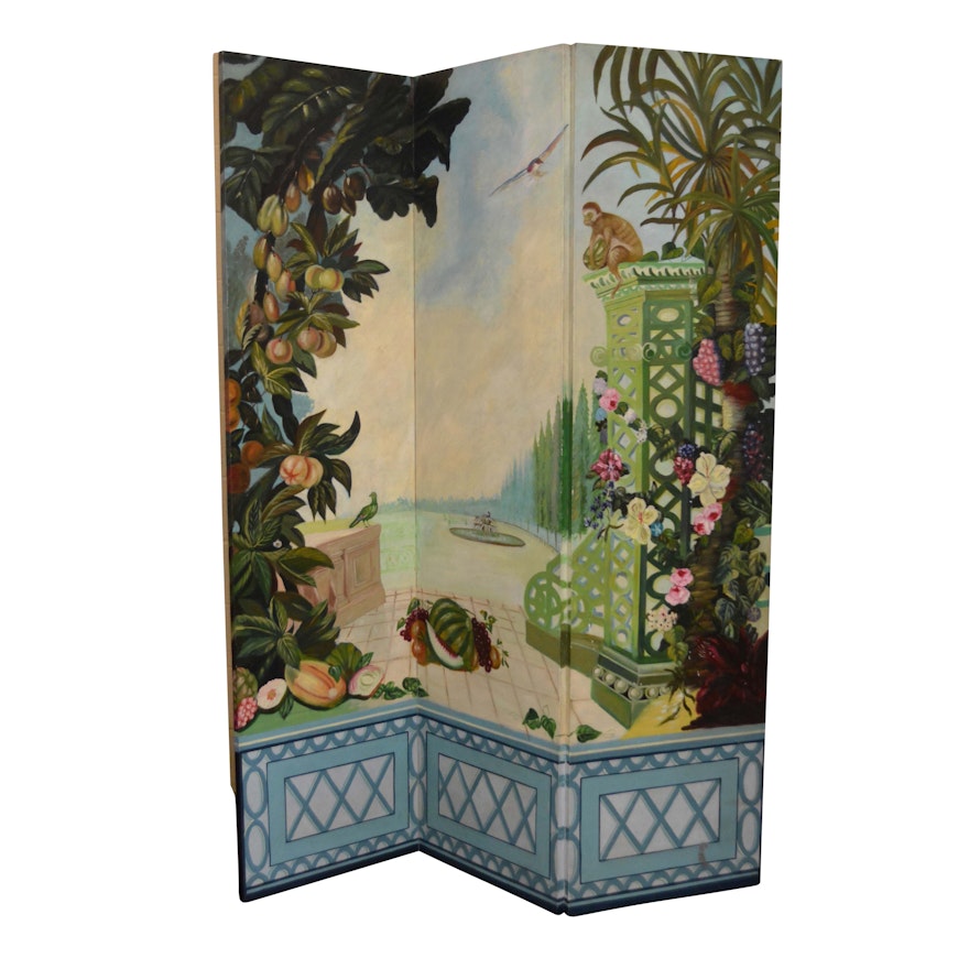 Vintage Hand-Painted Three-Panel Room Divider by Maitland Smith