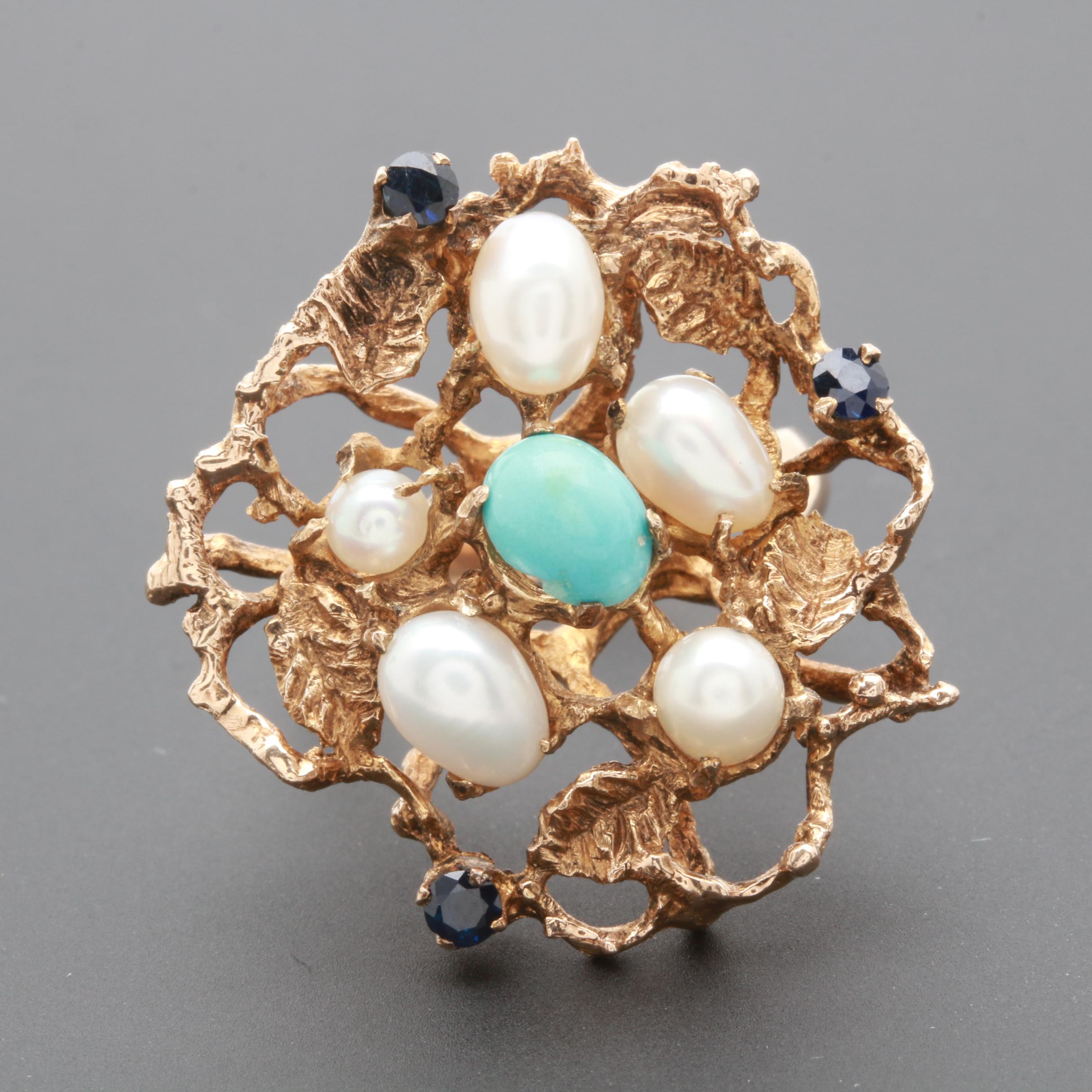10K Yellow Gold Blue Sapphire, Turquoise, and Cultured Pearl Ring