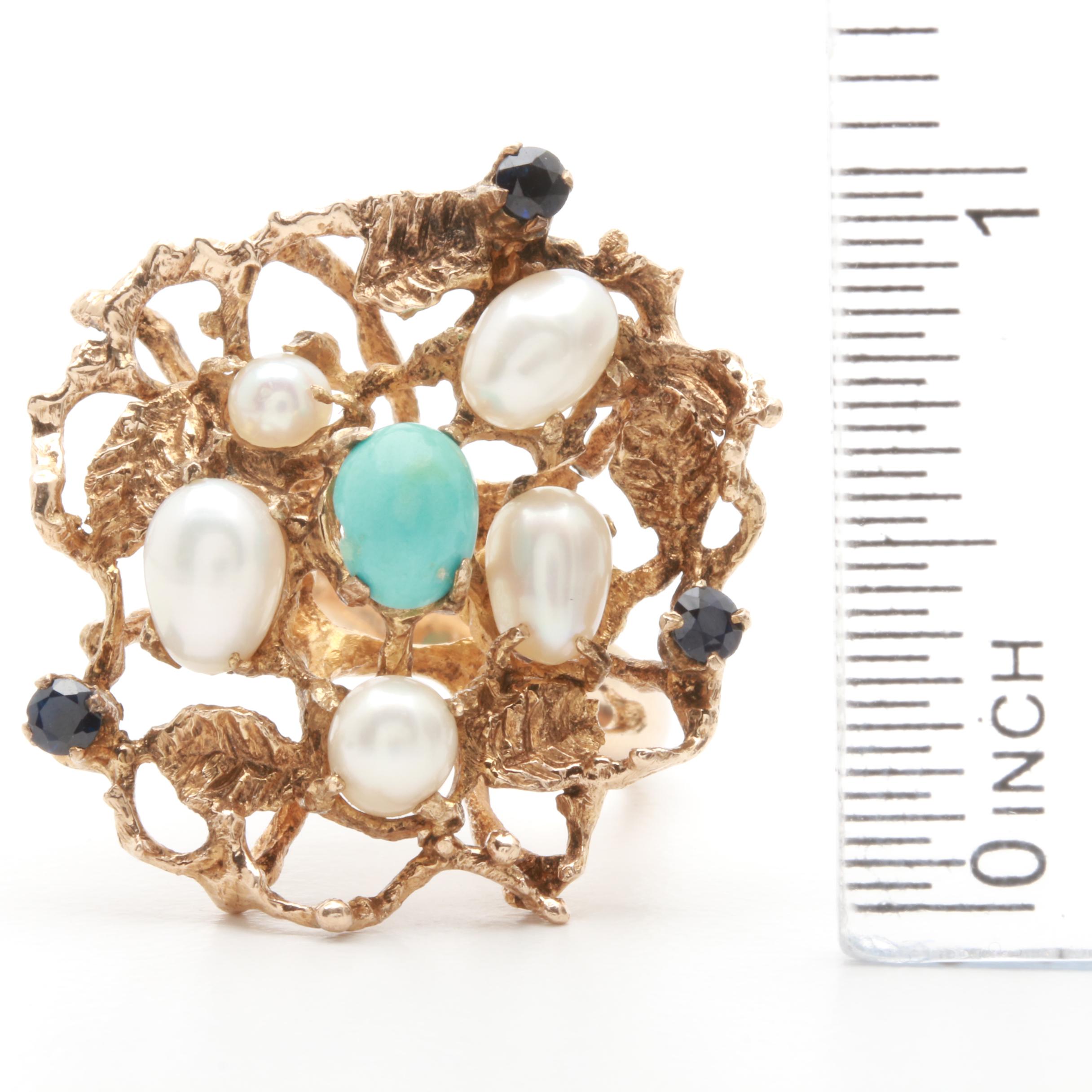 10K Yellow Gold Blue Sapphire, Turquoise, and Cultured Pearl Ring