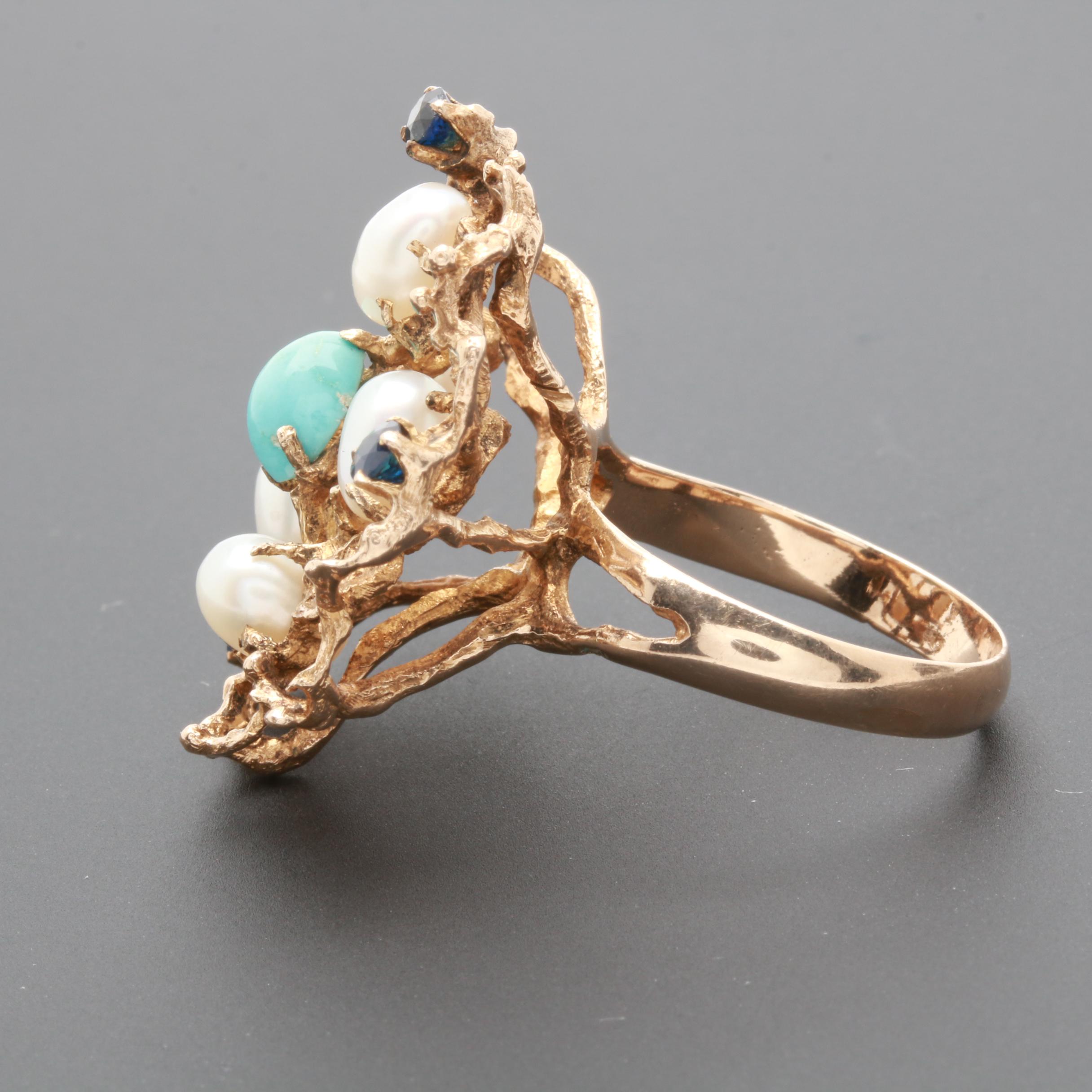 10K Yellow Gold Blue Sapphire, Turquoise, and Cultured Pearl Ring