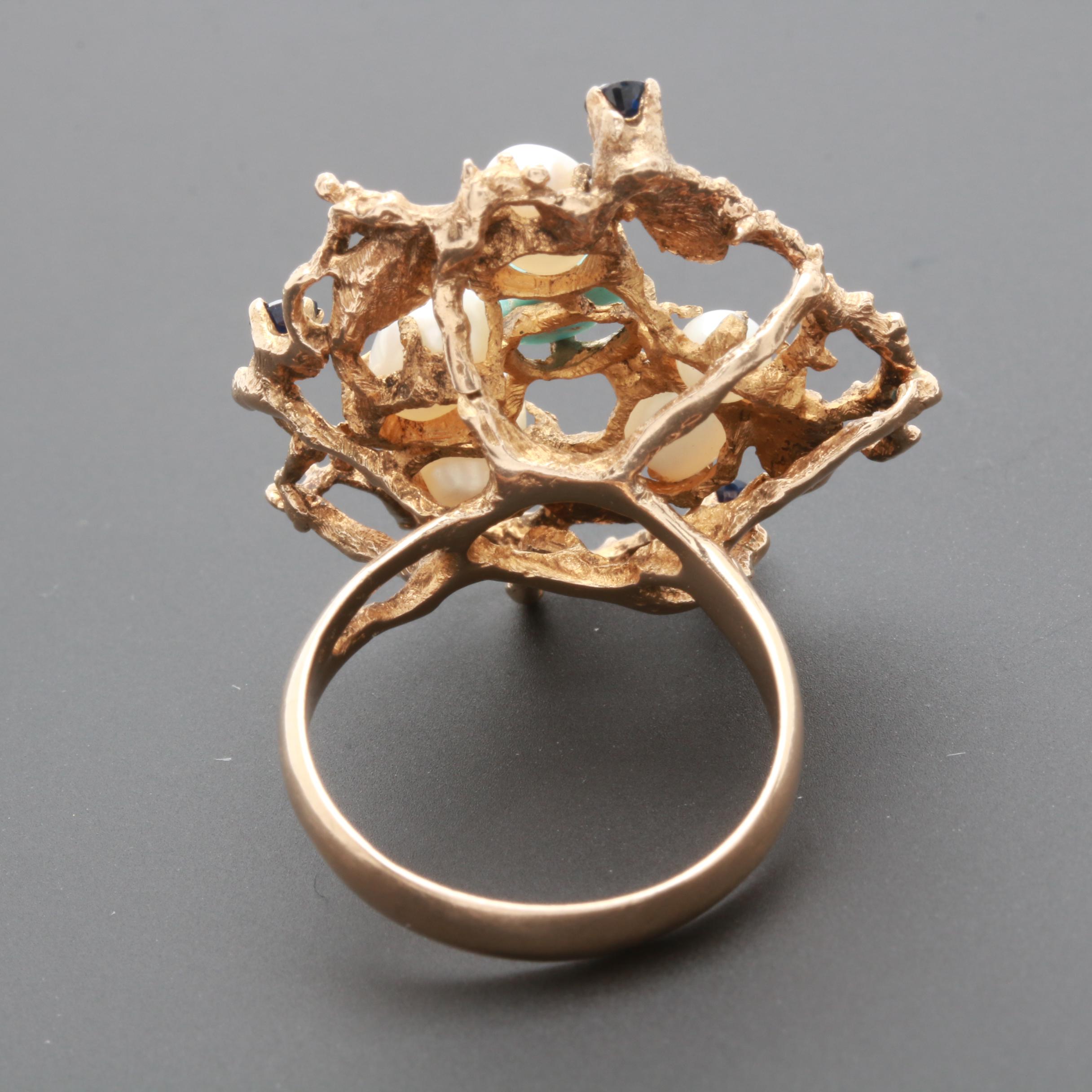10K Yellow Gold Blue Sapphire, Turquoise, and Cultured Pearl Ring