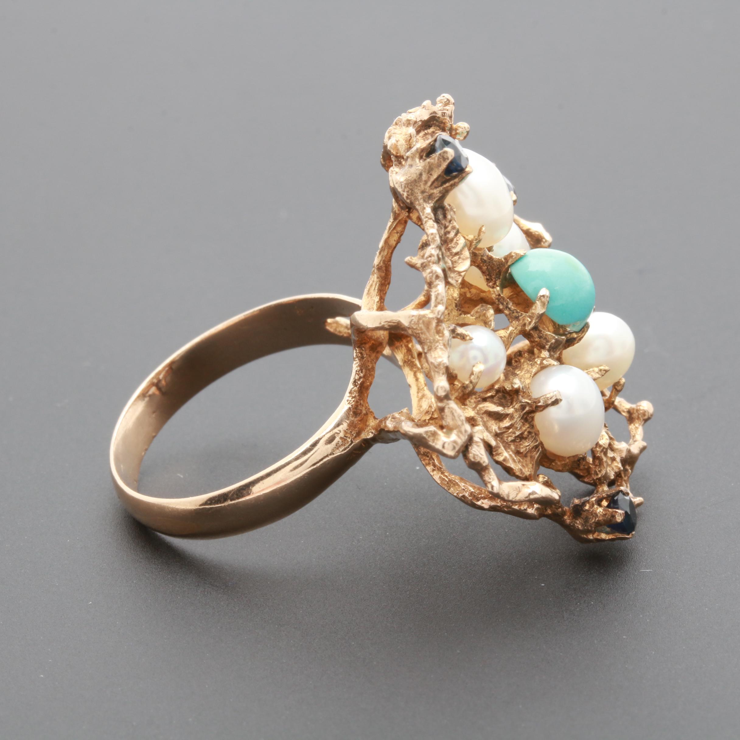 10K Yellow Gold Blue Sapphire, Turquoise, and Cultured Pearl Ring