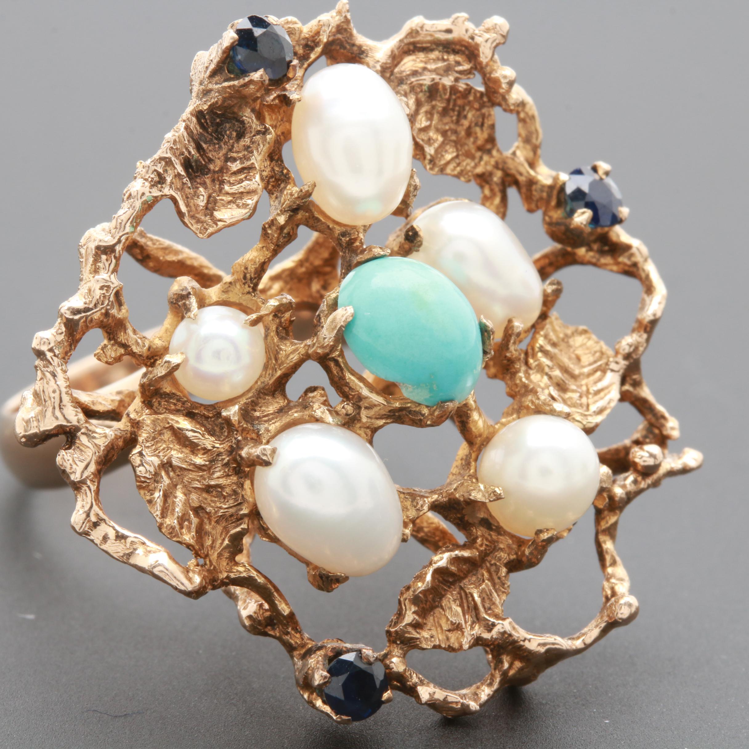 10K Yellow Gold Blue Sapphire, Turquoise, and Cultured Pearl Ring