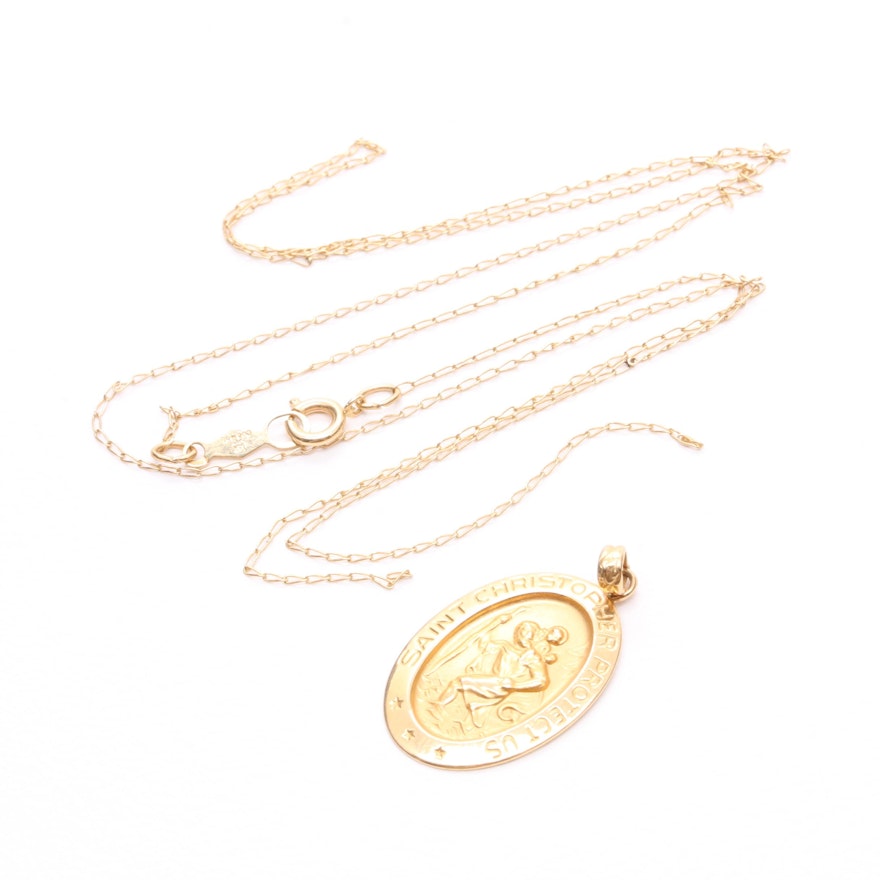 14K Yellow Gold Saint Christopher Pendant and Chain