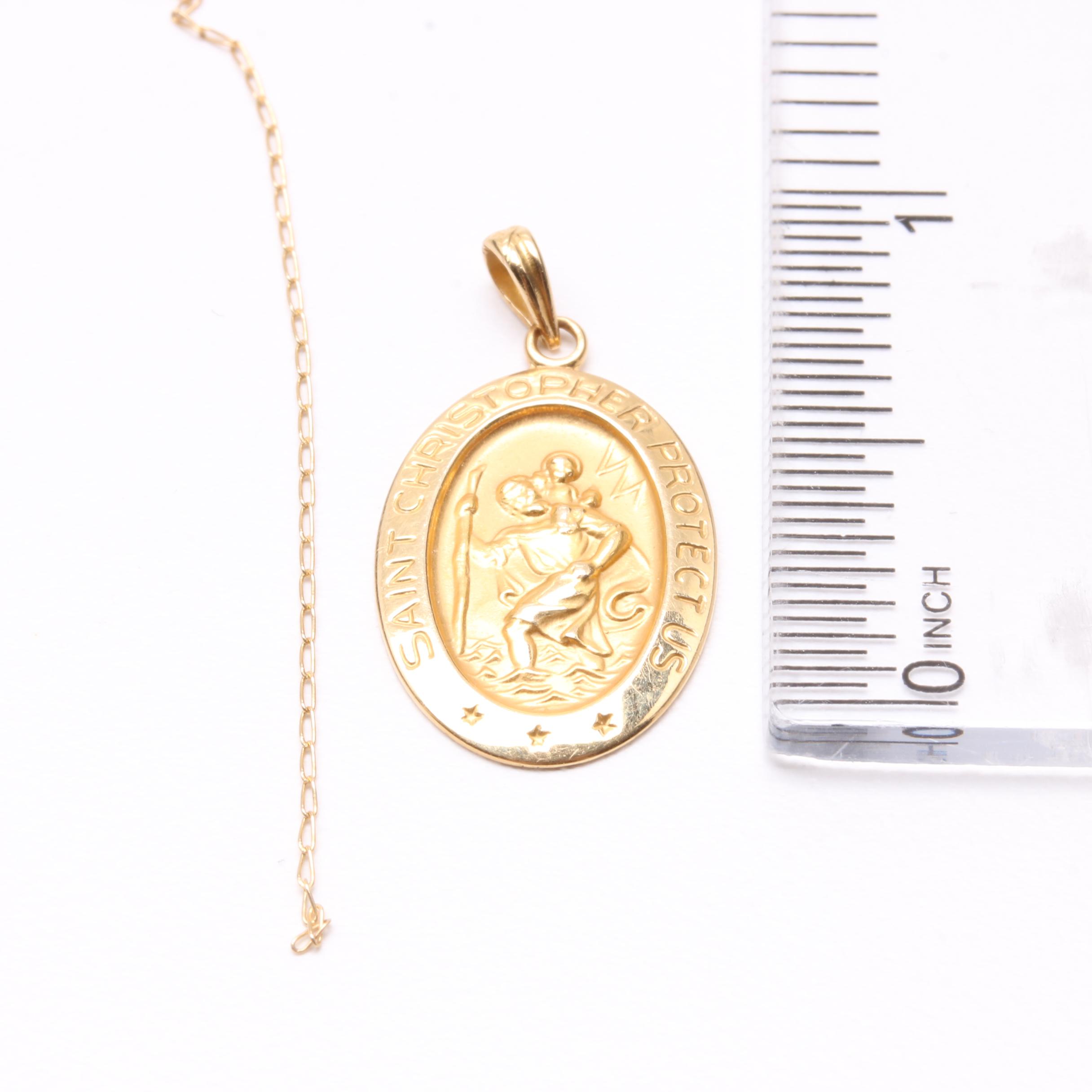 14K Yellow Gold Saint Christopher Pendant and Chain