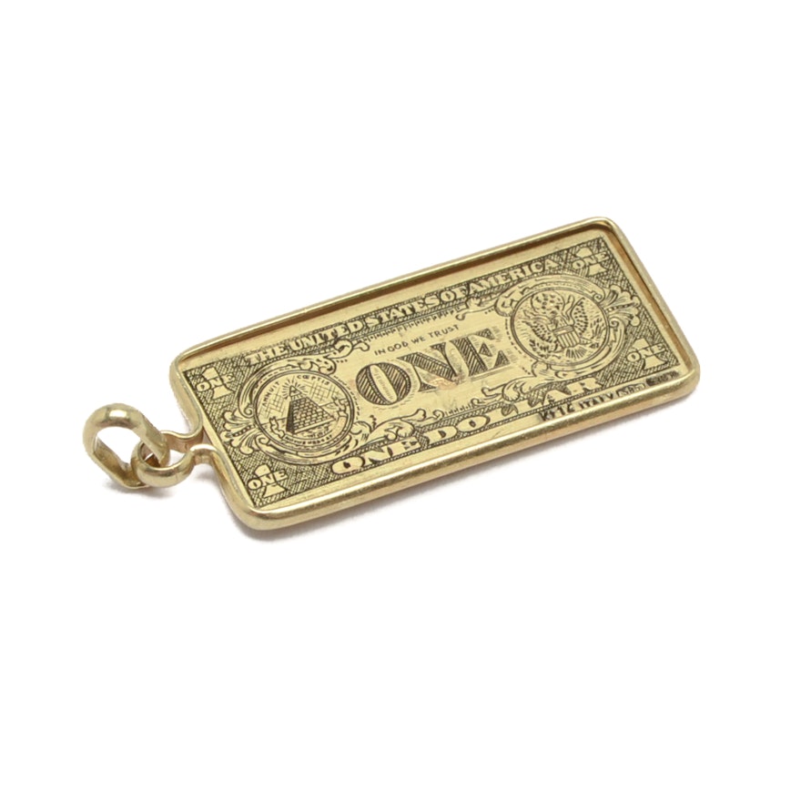 14K Yellow Gold One Dollar Bill Pendant