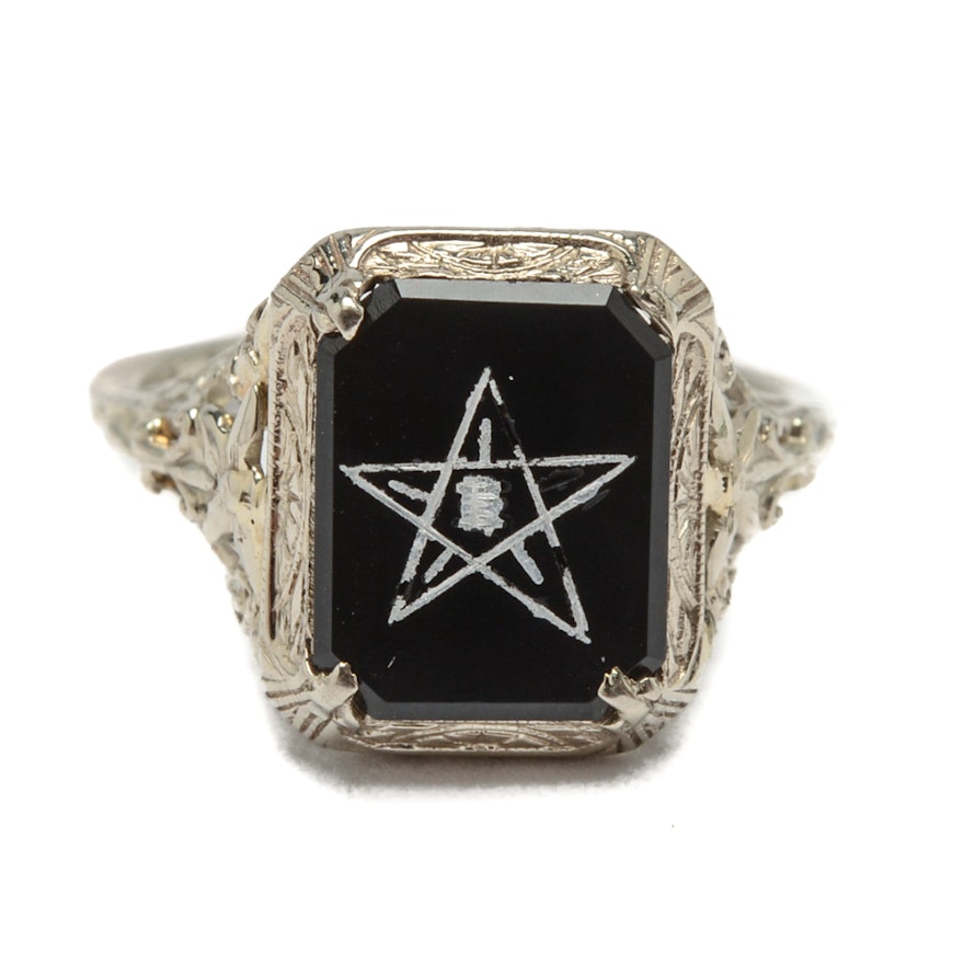 14K White Gold Black Onyx Order of the Eastern Star Embossed Ring