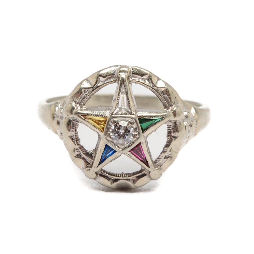 Gothic 14K White Gold Order of the Eastern Star Gemstone Ring