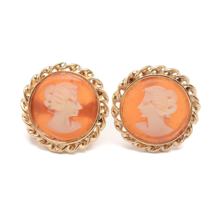 14K Yellow Gold Helmet Shell Carved Cameo Earrings